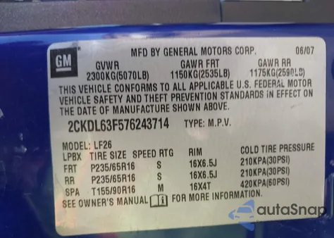 2007 Pontiac Torrent из США, поврежденный, VIN 2CKDL63F576243714